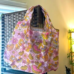 🍄 Large Tote Bag Shopping Beach Purse Pink Yellow Mushrooms Hippie Trippy Retro